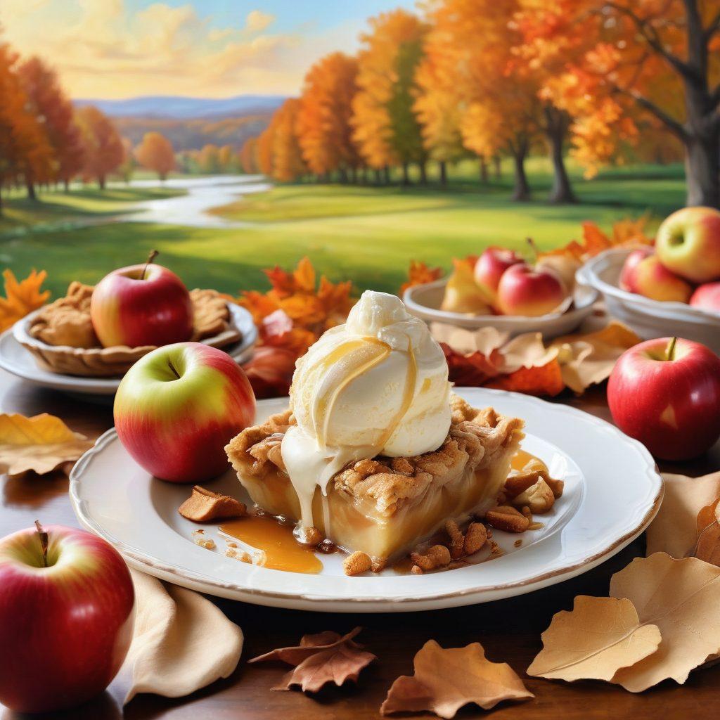 A delectable spread of various apple-based desserts, including shiny caramel apples, warm apple pie slices with a scoop of vanilla ice cream, and apple crisps garnished with cinnamon sprinkles. The background features lush apple orchards and autumn leaves, enhancing the cozy fall atmosphere. Bright, inviting colors with a focus on the rich, golden hues of the apples. painting. vibrant colors.