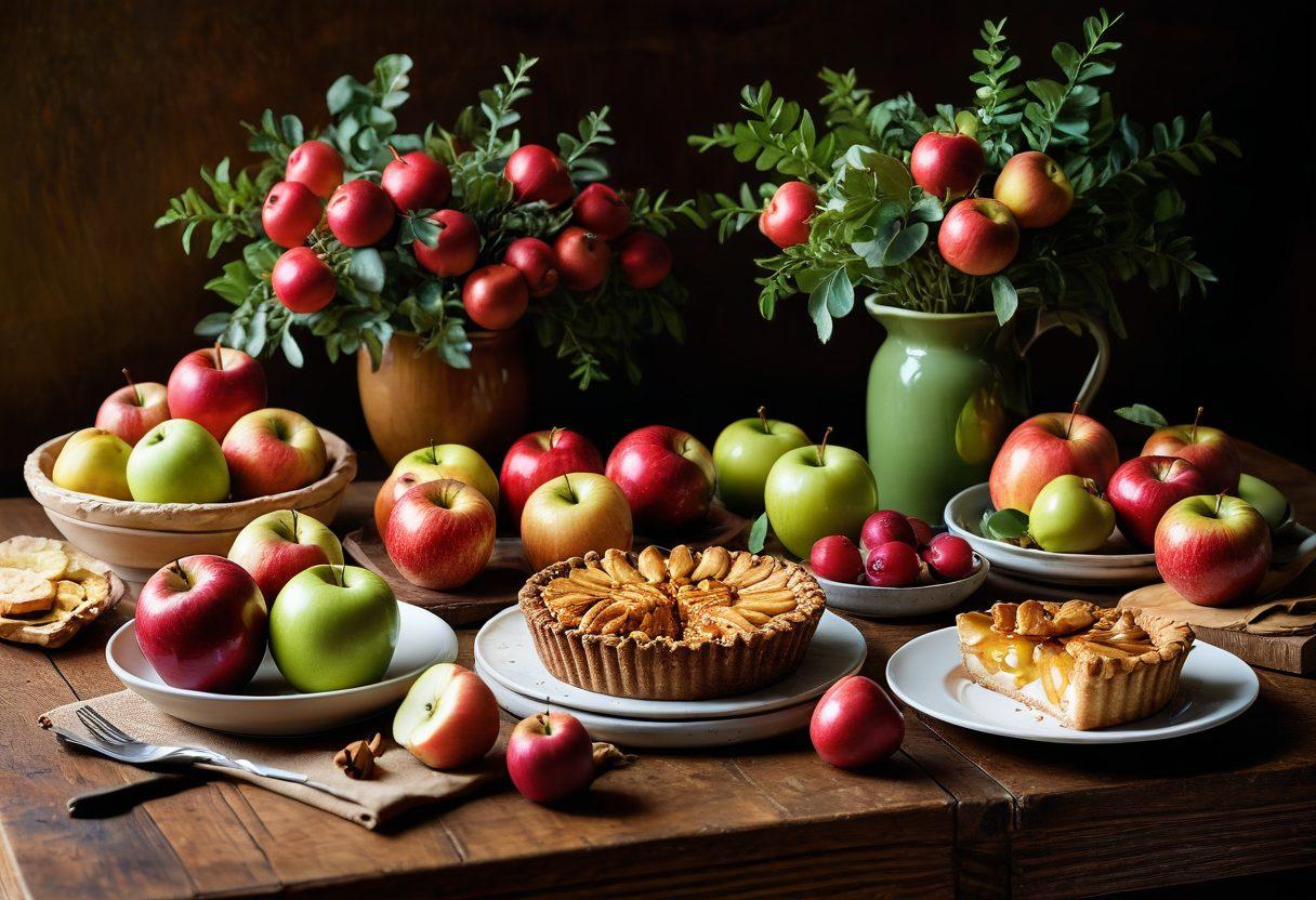 A vibrant still-life composition featuring an assortment of fresh, colorful apples of various shades and sizes, meticulously arranged next to gourmet desserts like apple tarts, caramel apples, and apple crumble. The scene should be set on a rustic wooden table, with natural light casting soft shadows, emphasizing the freshness and flavors of the ingredients. Include leafy green accents to highlight the nutritional aspect. super-realistic. vibrant colors. natural lighting.