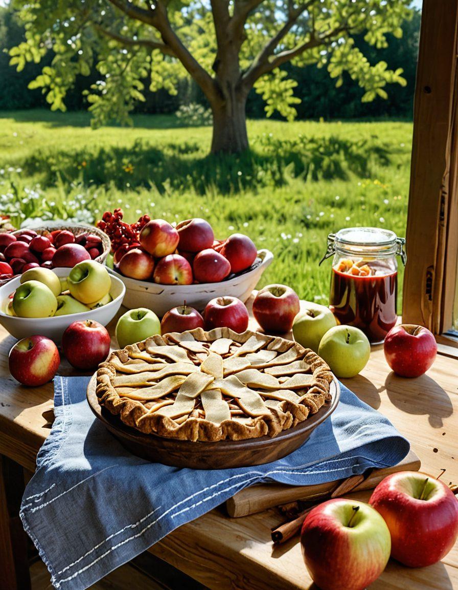 A rustic wooden kitchen table laden with freshly picked, crisp apples in various colors, alongside an array of baking ingredients like flour, sugar, and cinnamon. In the background, an orchard with sun-dappled trees and a clear blue sky can be seen. A pie cooling on a window sill with apple slices artfully arranged beside it adds a warm, inviting touch. The scene captures the essence of transforming fresh apples into delightful baked treats. super-realistic. vibrant colors. natural light.